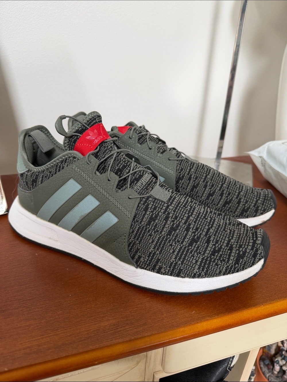 adidas Men’s Olive Green and Gray Knit Sneakers with Red Tongue Accent